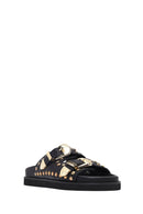 Women's Black Buckled Studded Leather Slippers | Derimod