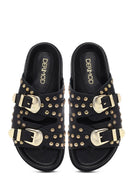 Women's Black Buckled Studded Leather Slippers | Derimod