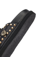 Women's Black Buckled Studded Leather Slippers | Derimod