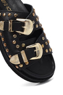 Women's Black Buckled Studded Leather Slippers | Derimod