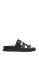 Women's Black Striped Patterned Leather Slippers | Derimod