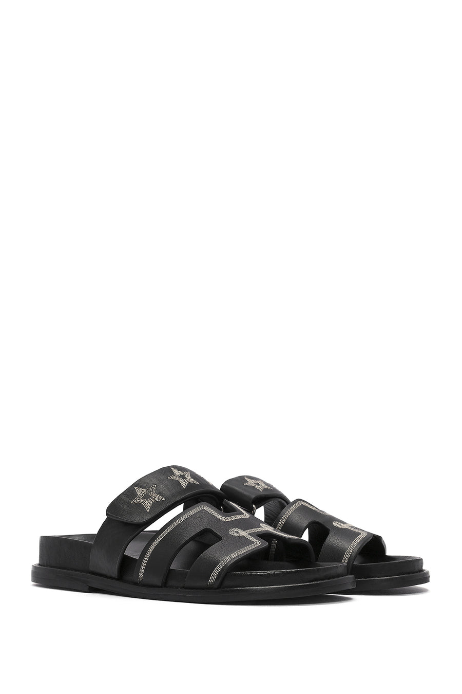Women's Black Striped Patterned Leather Slippers