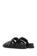 Women's Black Striped Patterned Leather Slippers | Derimod