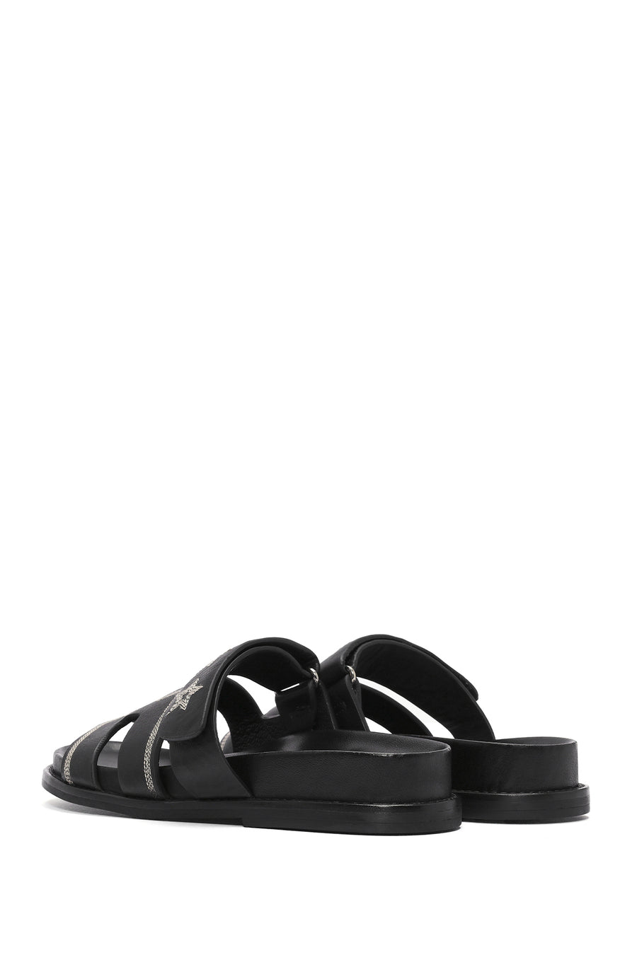 Women's Black Striped Patterned Leather Slippers