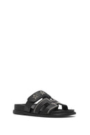 Women's Black Striped Patterned Leather Slippers | Derimod