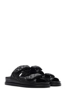 Women's Black Banded Quilted Patterned Leather Slippers | Derimod