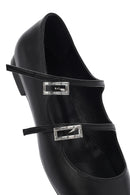 Women's Black Double Buckled Leather Ballerinas | Derimod