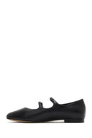 Women's Black Double Buckled Leather Ballerinas | Derimod