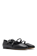 Women's Black Double Buckled Leather Ballerinas | Derimod