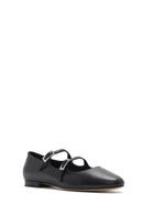 Women's Black Double Buckled Leather Ballerinas | Derimod