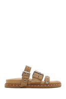 Women's Brown Buckled Strap Suede Leather Slippers | Derimod