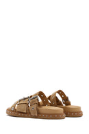 Women's Brown Buckled Strap Suede Leather Slippers | Derimod