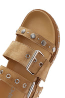 Women's Brown Buckled Strap Suede Leather Slippers | Derimod