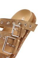 Women's Brown Buckled Strap Suede Leather Slippers | Derimod