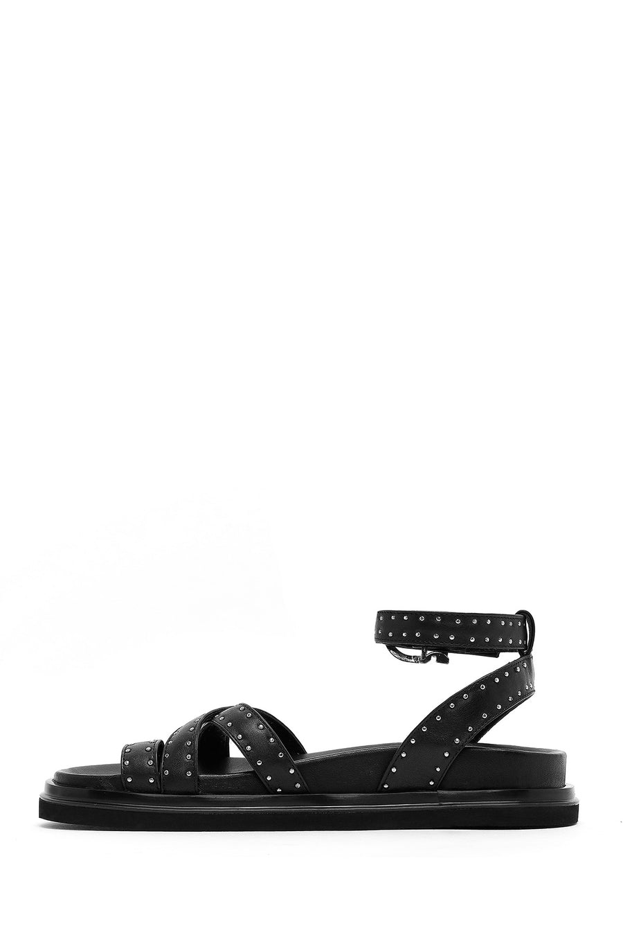 Women's Black Leather Sandals with Metal Buckle Ankle Detail
