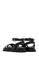 Women's Black Leather Sandals with Metal Buckle Ankle Detail | Derimod