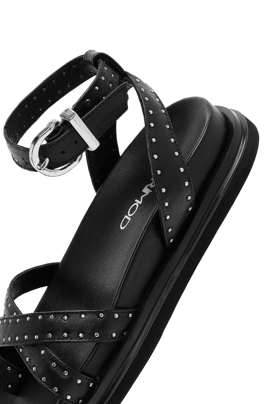 Women's Black Leather Sandals with Metal Buckle Ankle Detail