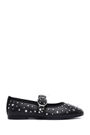Women's Black Buckled Stoned Leather Ballerinas | Derimod
