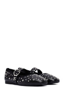 Women's Black Buckled Stoned Leather Ballerinas | Derimod