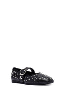 Women's Black Buckled Stoned Leather Ballerinas | Derimod