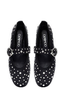 Women's Black Buckled Stoned Leather Ballerinas | Derimod