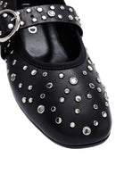 Women's Black Buckled Stoned Leather Ballerinas | Derimod