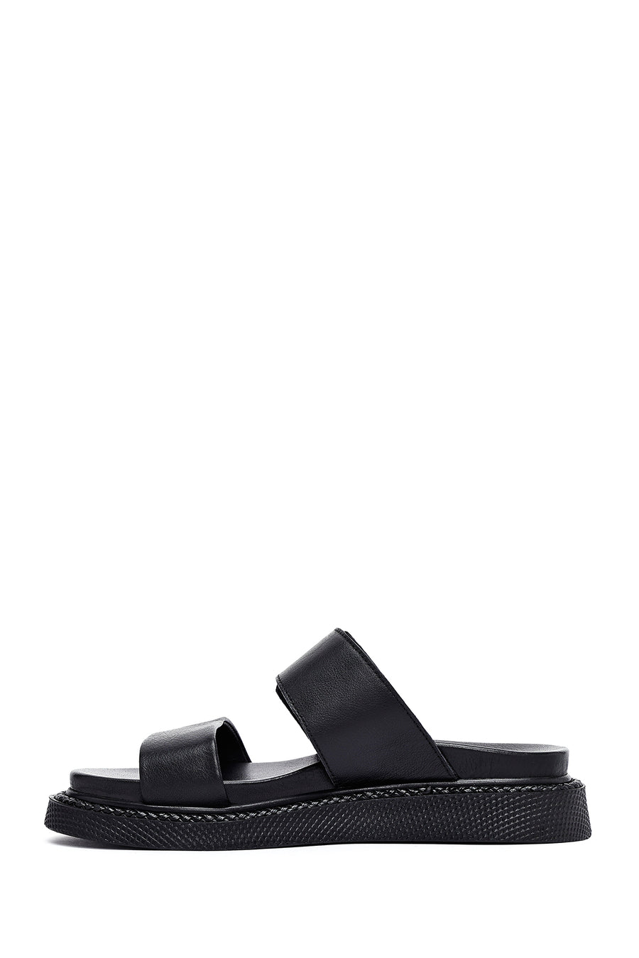 Women's Black Stoned Thick Soled Leather Slippers