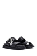 Women's Black Stoned Thick Soled Leather Slippers | Derimod