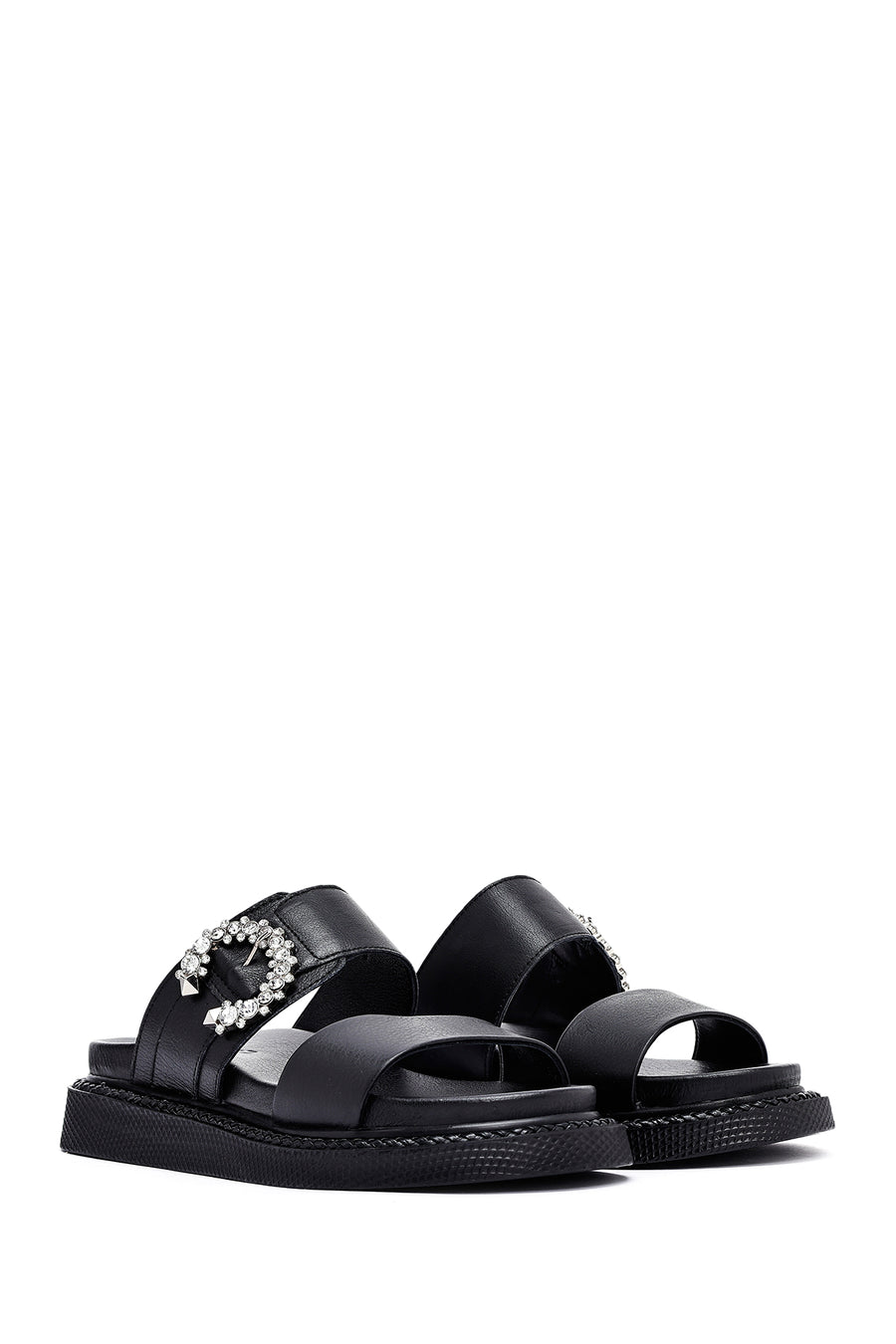 Women's Black Stoned Thick Soled Leather Slippers