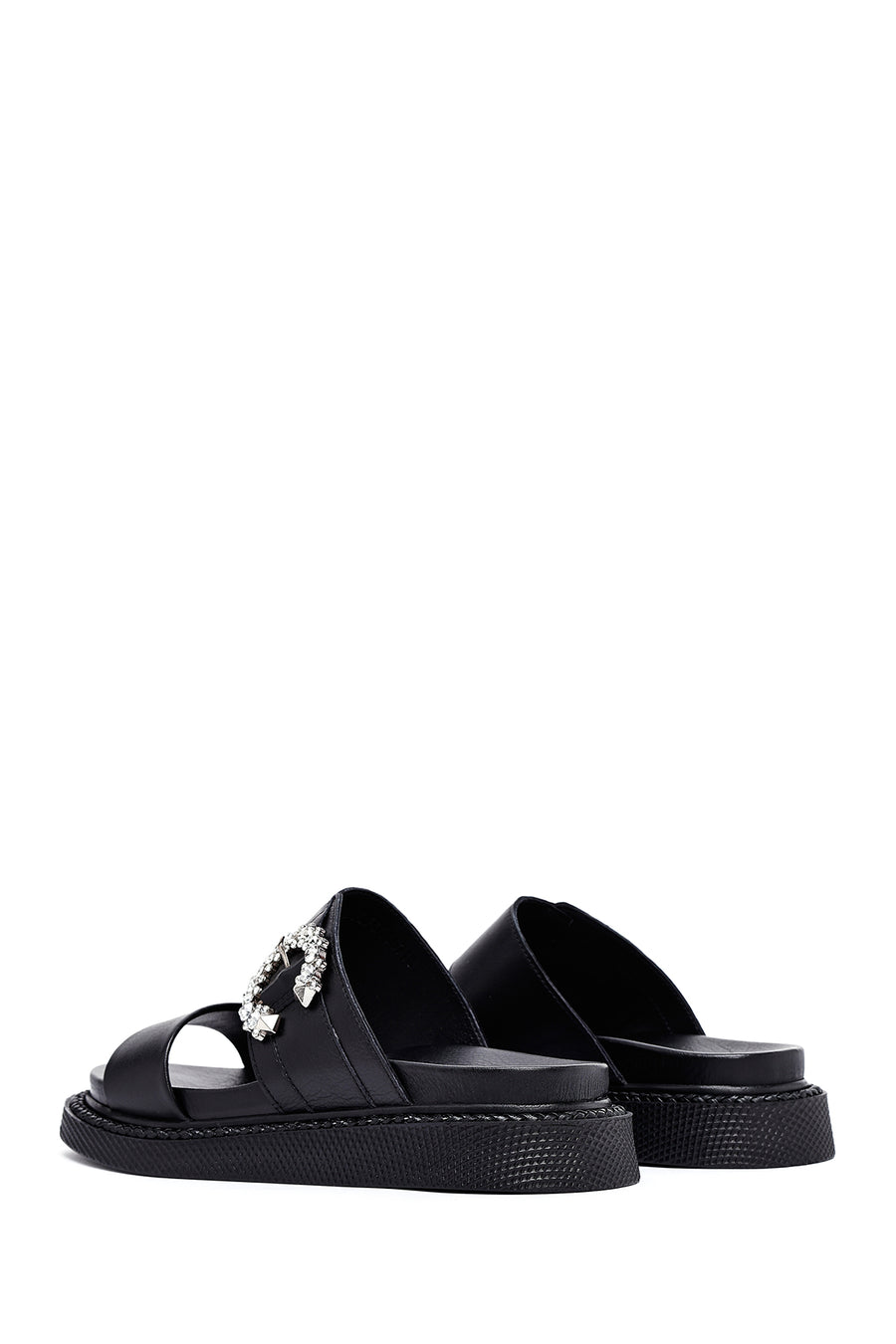 Women's Black Stoned Thick Soled Leather Slippers