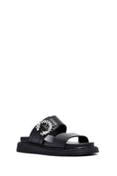 Women's Black Stoned Thick Soled Leather Slippers | Derimod