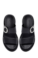 Women's Black Stoned Thick Soled Leather Slippers | Derimod