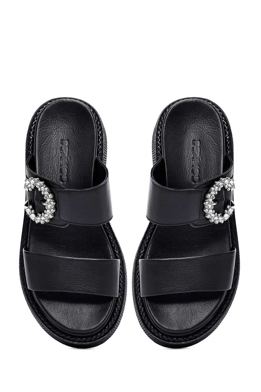 Women's Black Stoned Thick Soled Leather Slippers