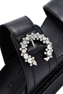 Women's Black Stoned Thick Soled Leather Slippers | Derimod