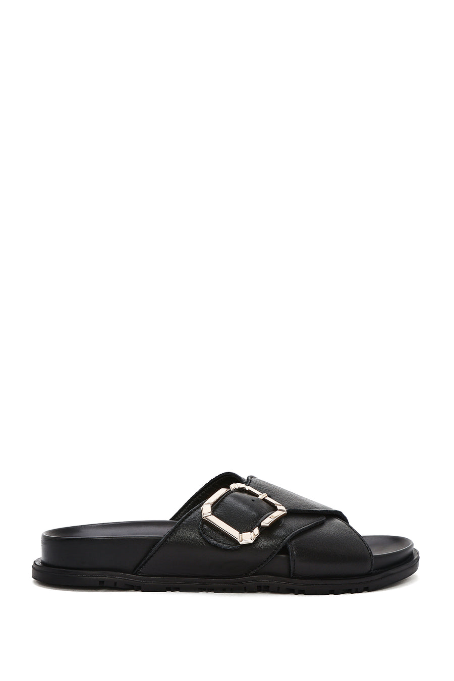 Women's Black Buckle Leather Slippers 25SFD350718 | Derimod