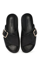 Women's Black Buckle Leather Slippers | Derimod