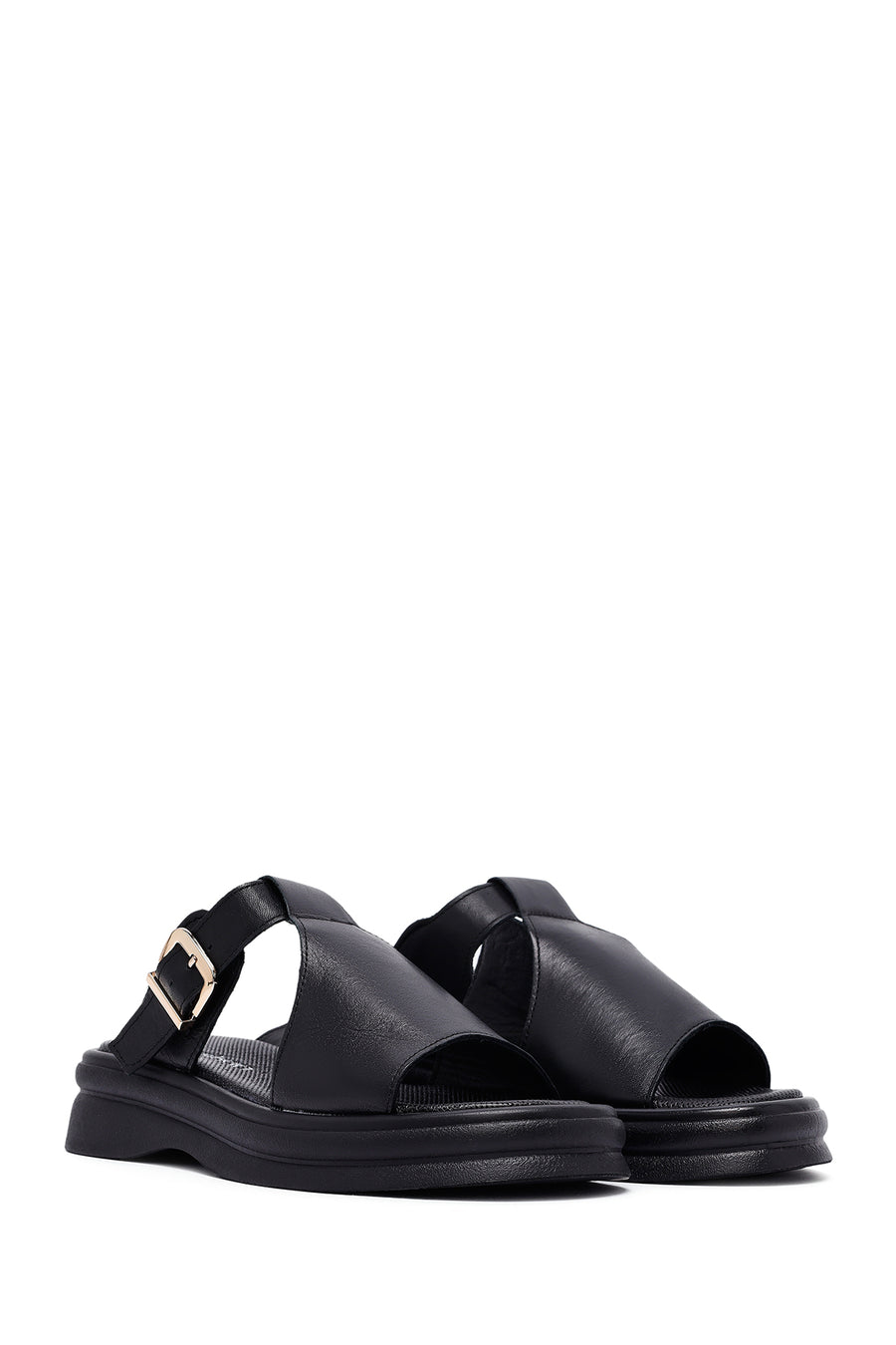 
Women's Black Buckled Leather Slippers
