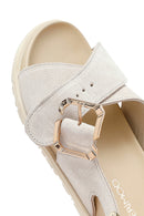 Women's Beige Buckled Suede Leather Sandals | Derimod