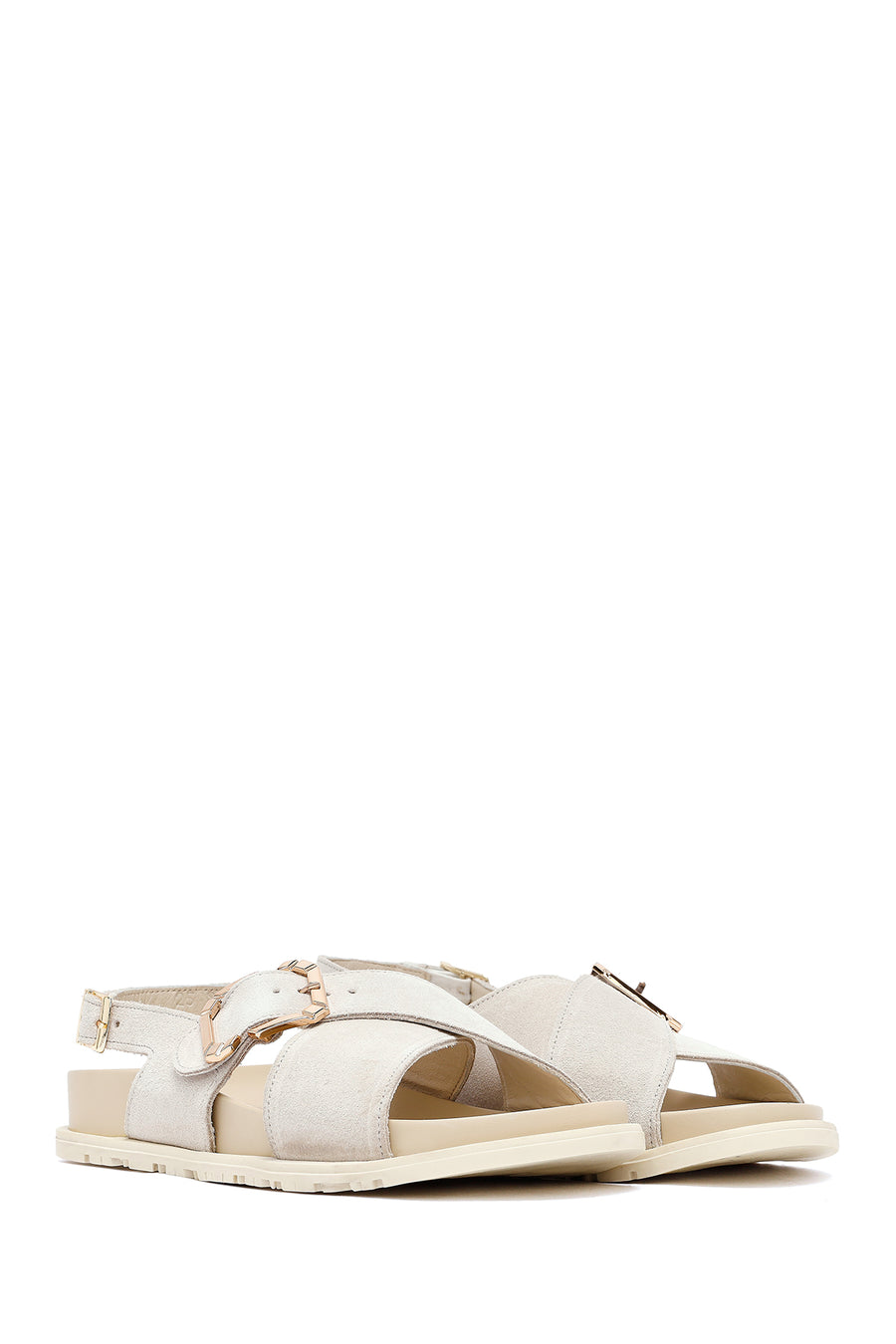 Women's Beige Buckled Suede Leather Sandals