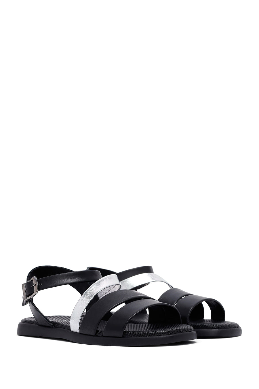 Women's Black Leather Ankle Buckle Sandals