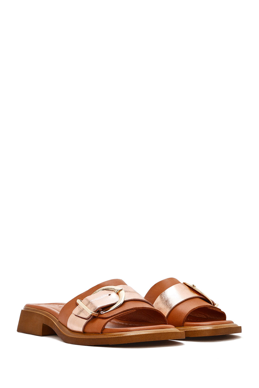 Women's Tan Buckle Leather Slippers