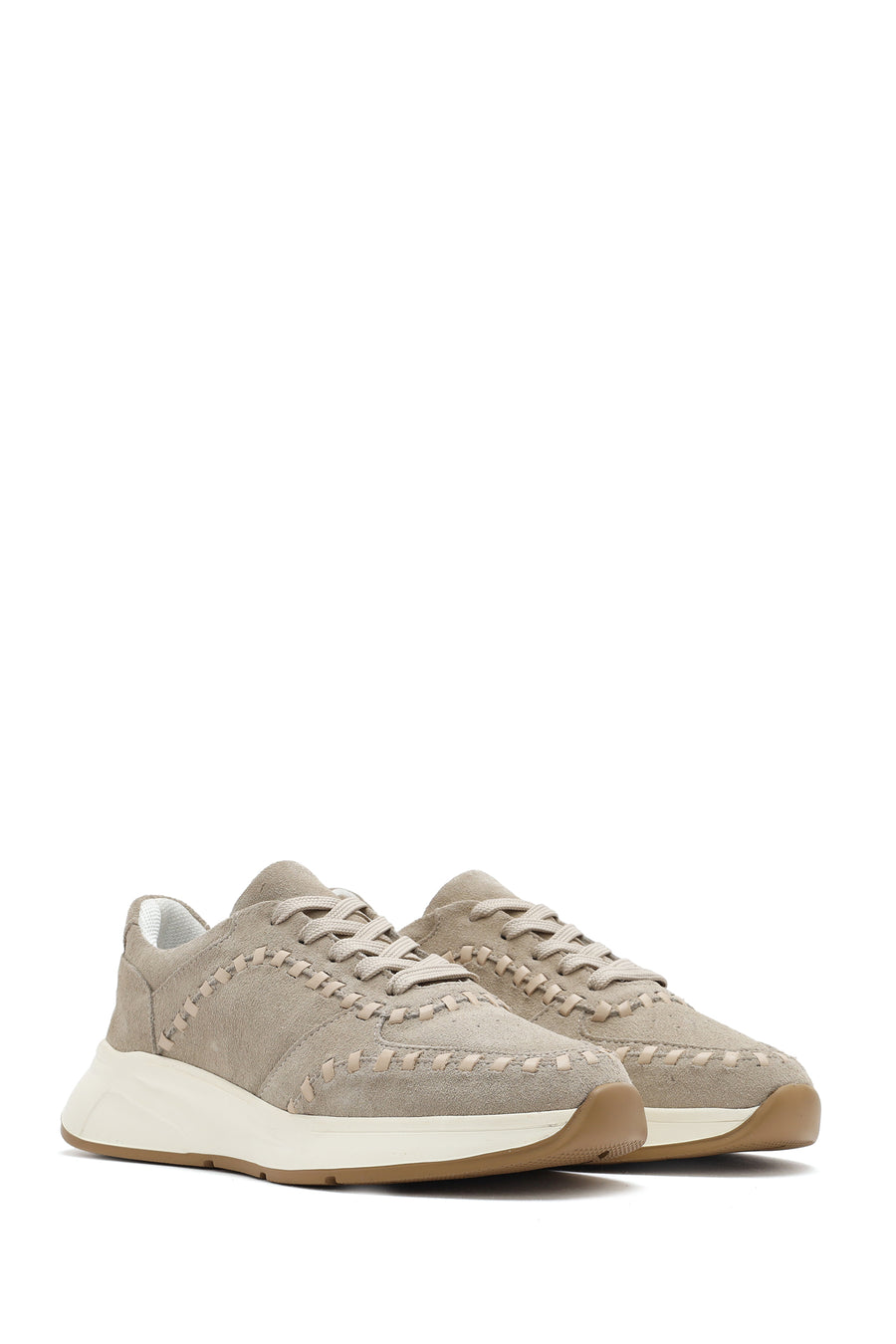 Women's Beige Lace-Up Chunky Sole Suede Leather Sneakers