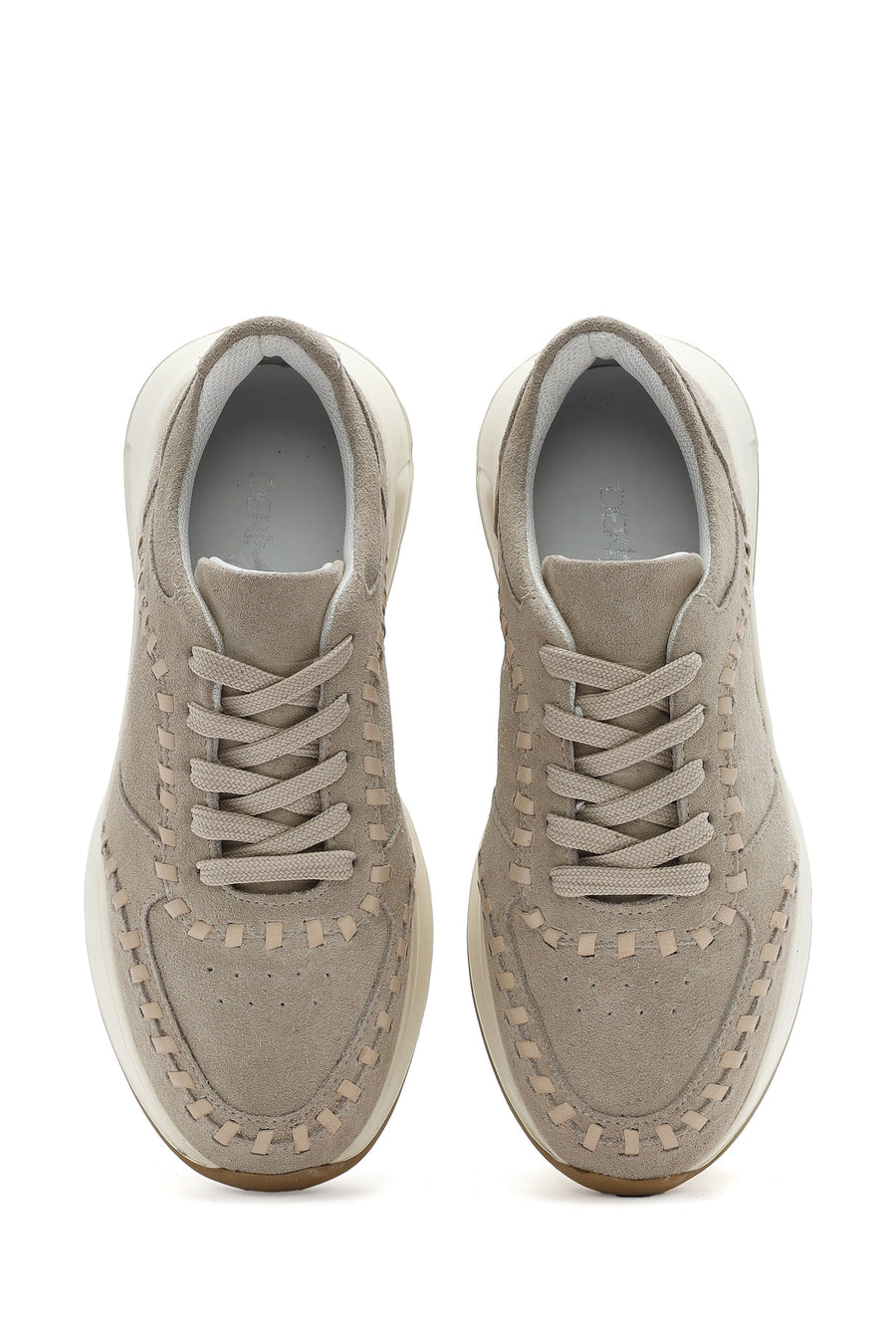 Women's Beige Lace-Up Chunky Sole Suede Leather Sneakers