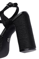 Woman Black Ankle Buckle High Thick Heel Platform Straw Sandals | Derimod