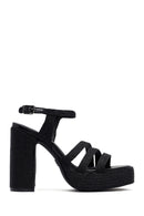 Woman Black Ankle Buckle High Thick Heel Platform Straw Sandals | Derimod
