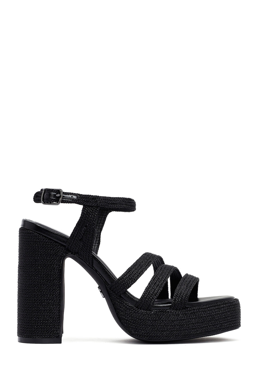 Woman Black Ankle Buckle High Thick Heel Platform Straw Sandals 25SFD4433M7 | Derimod