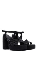 Woman Black Ankle Buckle High Thick Heel Platform Straw Sandals | Derimod