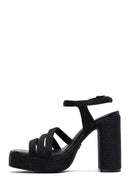 Woman Black Ankle Buckle High Thick Heel Platform Straw Sandals | Derimod