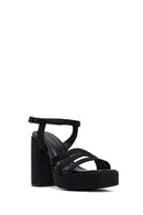 Woman Black Ankle Buckle High Thick Heel Platform Straw Sandals | Derimod