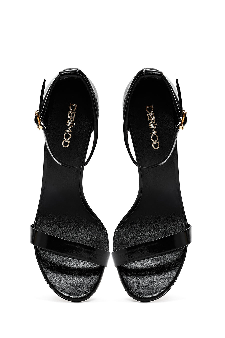 Women's Black Ankle Buckle High Thin Heel Metallic Leather Sandals